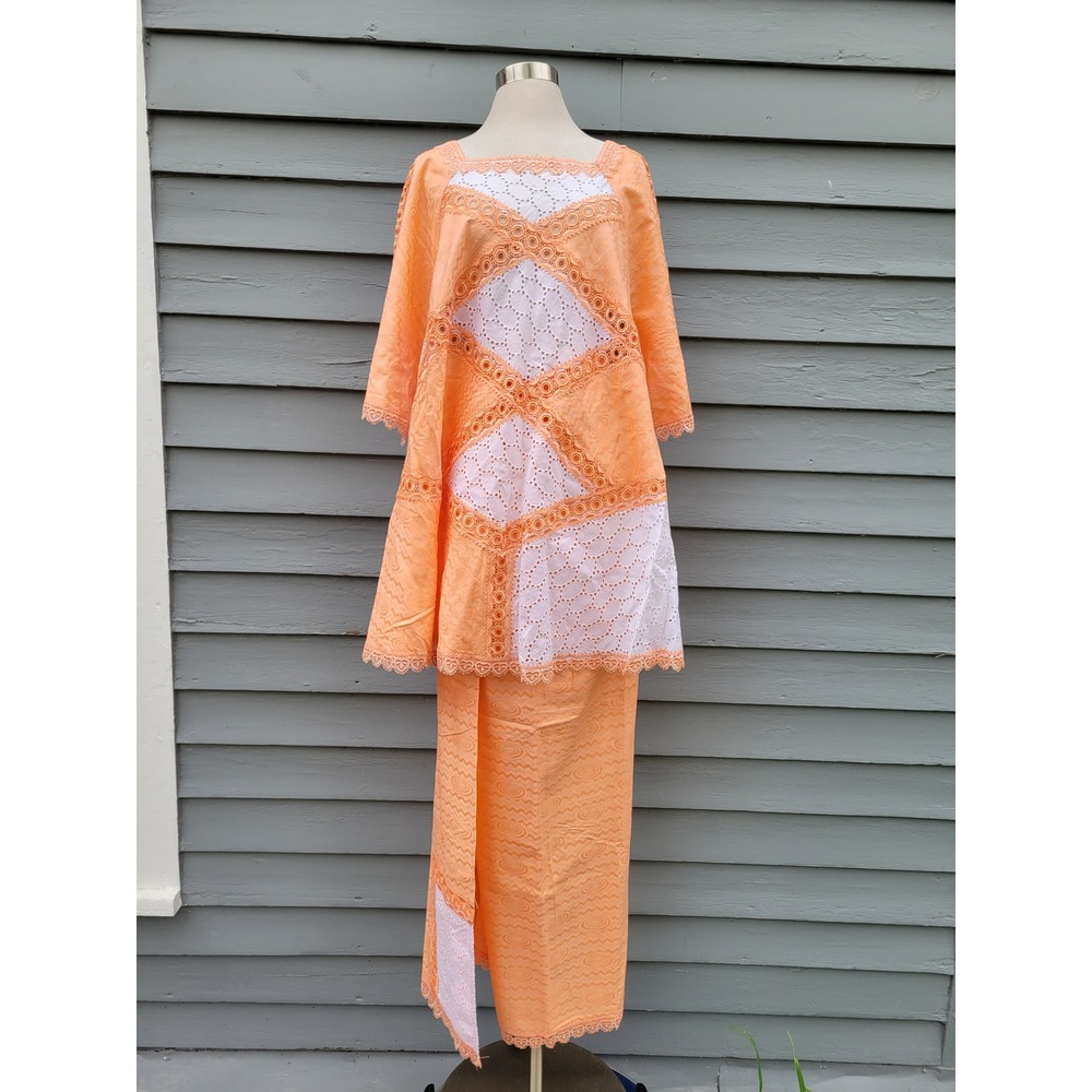 Handmade West African Skirt Set Peach White Eyelet Lace‎ Iro Wrap Tunic One Size